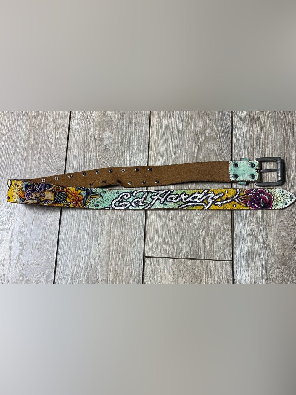 Vintage Ed Hardy 90s Y2K Leather Studded Spell Out Tattoo Floral Unisex Size M